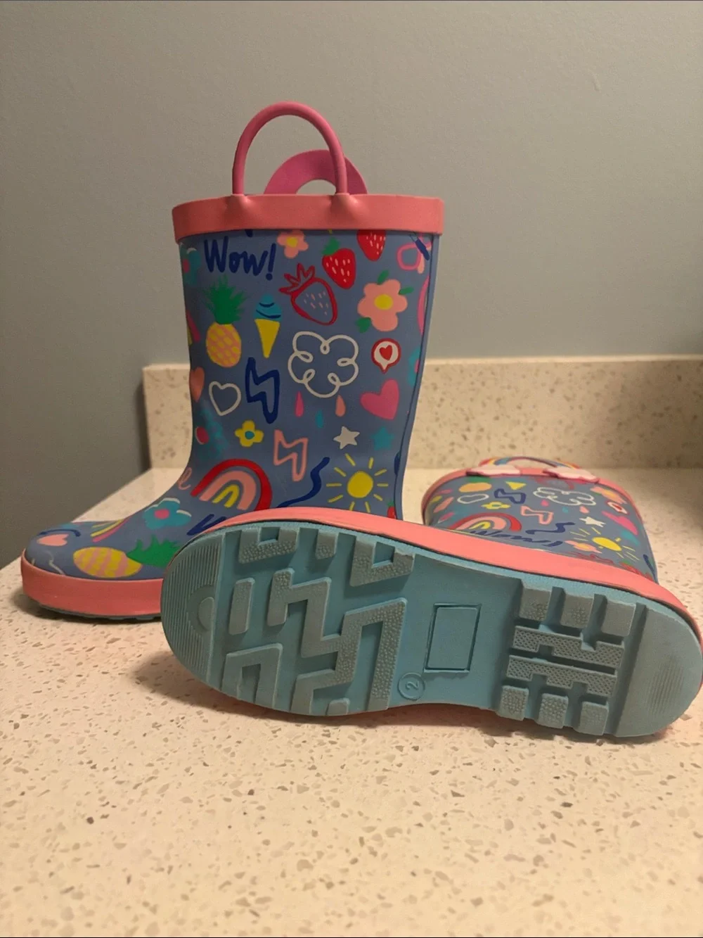 Kids Rainbow Handle Rain Boots - Blue with Pink Trim